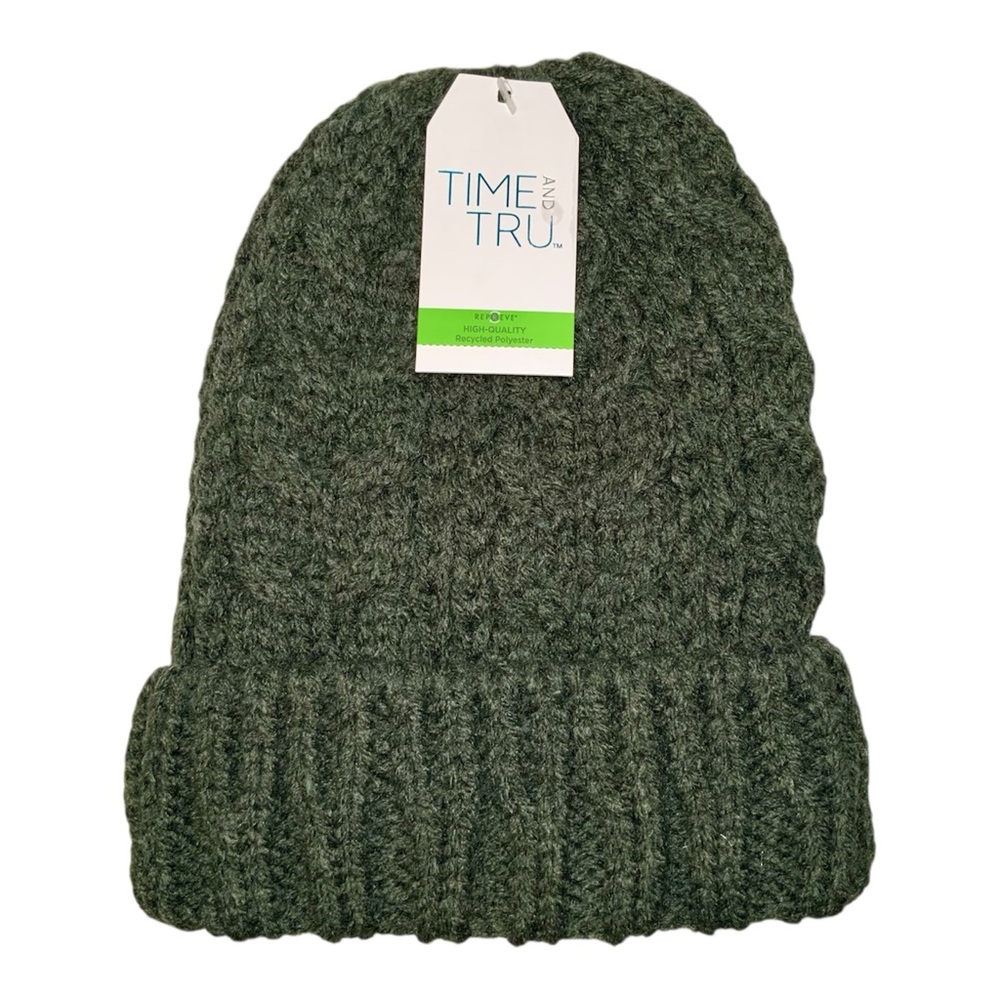Winter Hat Cable Knit Beanie One Size Fits Most Olive Dusk Time and Tru NWT